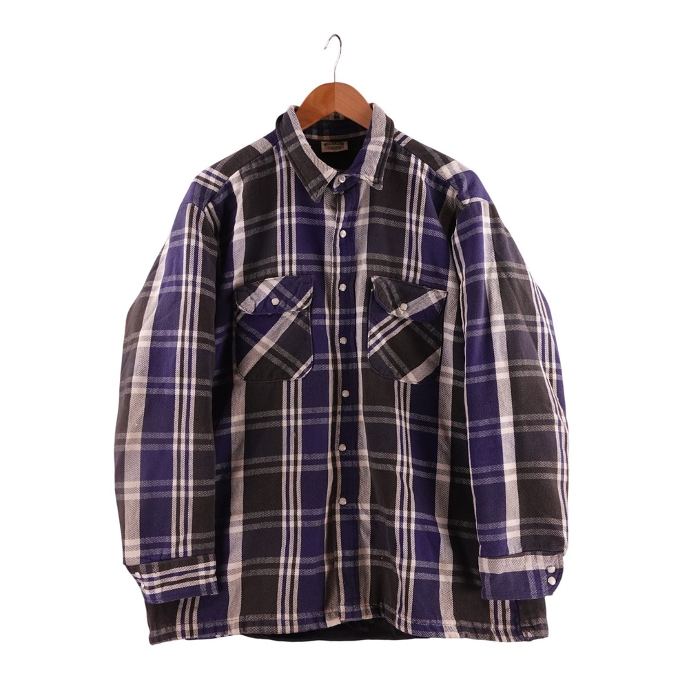 FiveBrother Mens XL Quilted Lined Flannel Shirt Jacket Blue Black Plaid Snap
